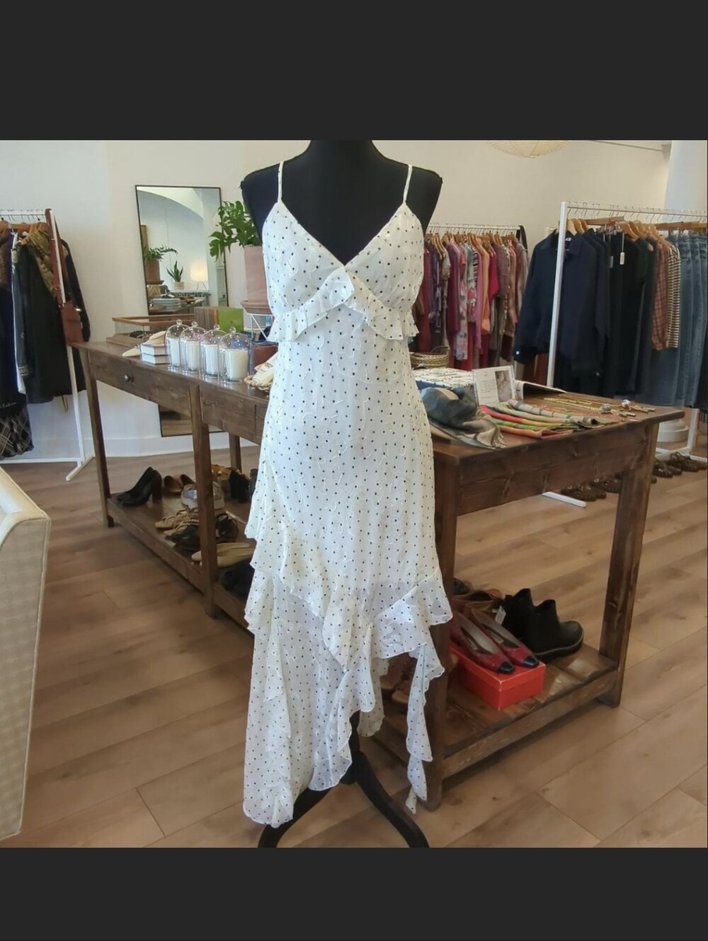 Anthrpologie/Tularosa white polka dot asymmetrical maxi dress Size Large